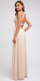 Juliet 609 A Line Chiffon Floor Length Gown Cut Out Back