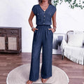 All-matching V-neck Buttons Elastic Waistband Slimming Temperament Jumpsuit