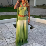Sexy Strapless Top with Long Skirt Women's Suits Fashion Backless Pleated Club Outfit Gradient Green Hollow Slim Two Piece Sets - treasures-4-u-2-day