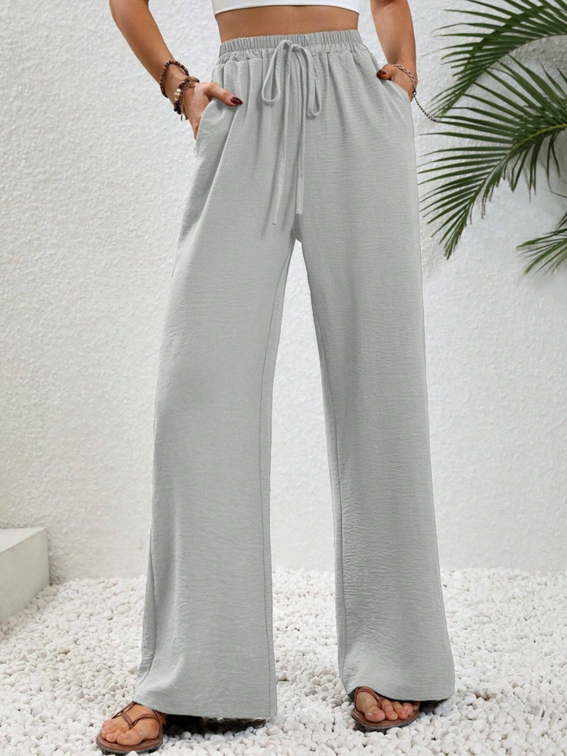 Our Best 100% Polyester Wide Leg Drawstring Waist Palazzo Pants (Multi Colors)