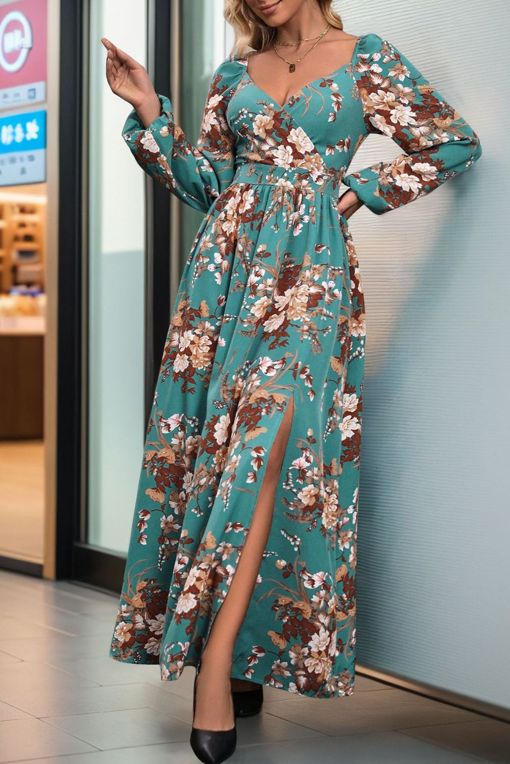 Our Best 100% Polyester Exotic Floral Print Perfee Slit Surplice Long Sleeve Maxi Dress (Variants)