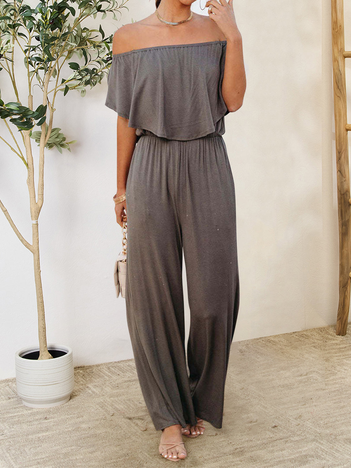 Our Best 100% Polyester Ruffled Off-Shoulder Opaque Palazzo Pant Jumpsuit (Multicolor)