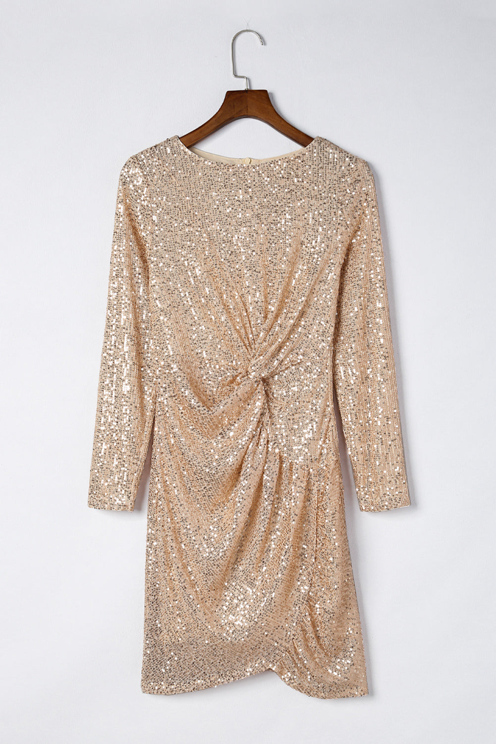 Fashion Plus Poly/Spandex Sequin Emblazoned Twist Knot Long Sleeve Mini Dress (Beige)