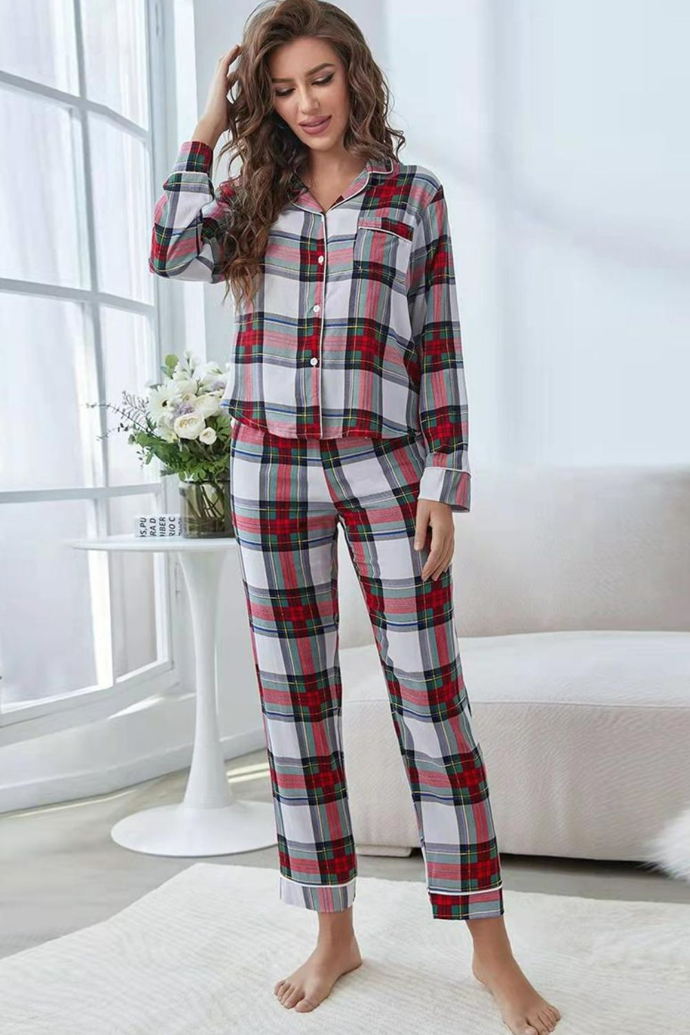 Our Best 100% Polyester Plaid Button Front Long Sleeve Top and Pants Two Piece Lounge Set (Plaid)