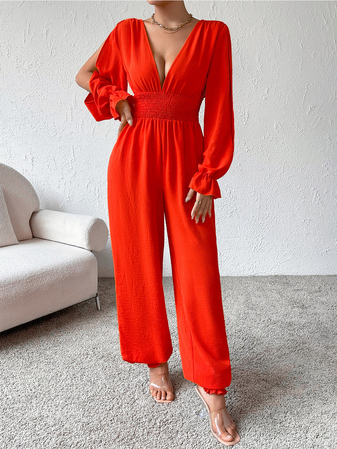 Honey Plunge Smocked Flounce Sleeve Jumpsuit