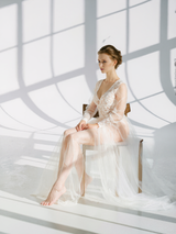 Luxury Peach Pink Sheer Lace Corset Robe Dress | Long Sleeve Bridal Boudoir Gown with Tulle Skirt
