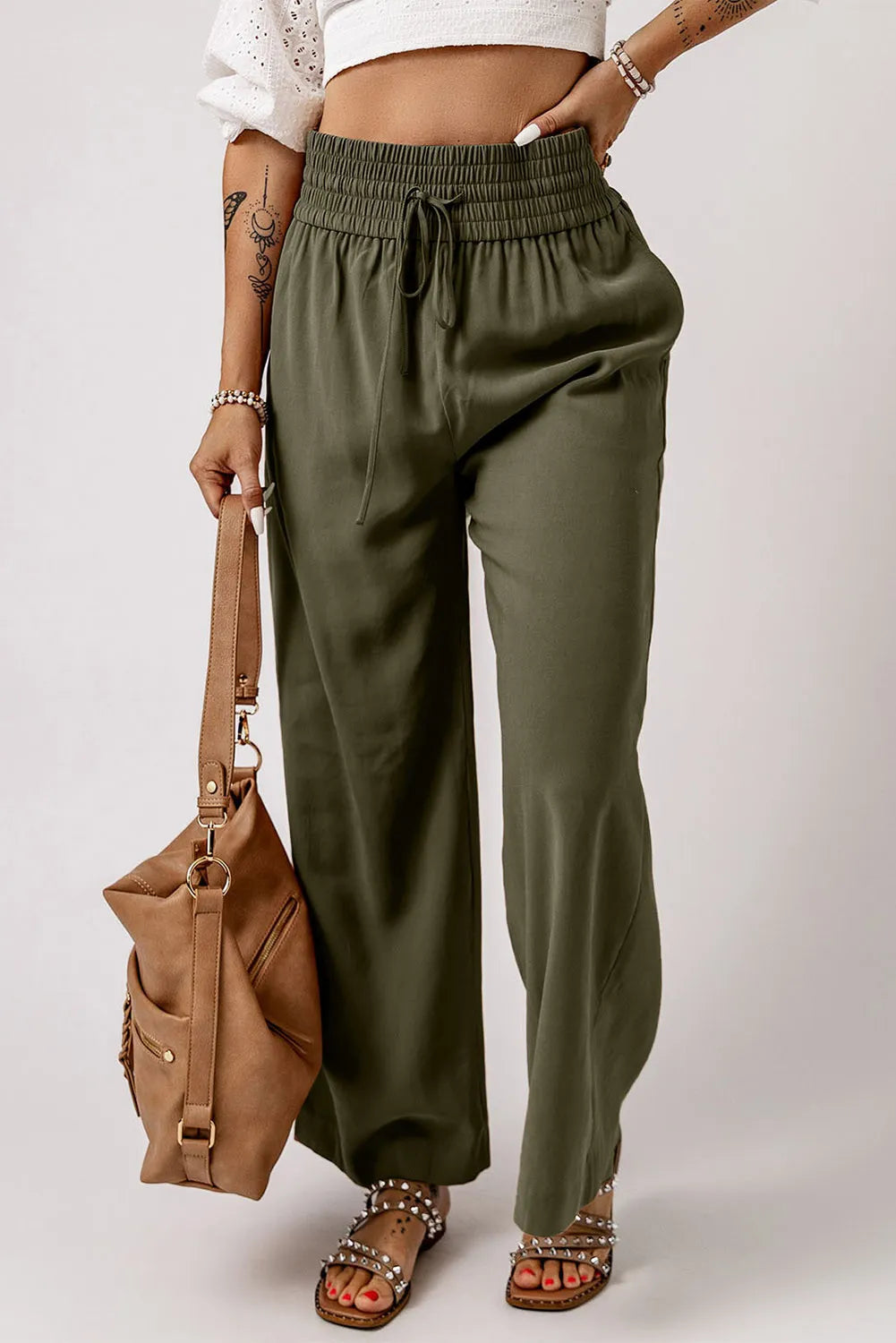 Our Best Polyester Blend Smocked High Waist Wide Waistband Drawstring Detail Palazzo Pants (Army Green)