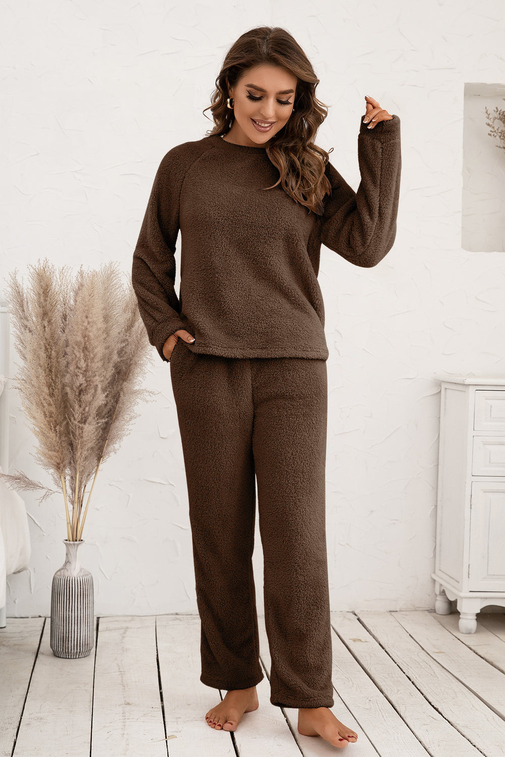 Ivy Lane 100% Polyester Long Raglan Sleeve Top and Pants Two Piece Lounge Set (Multicolor)