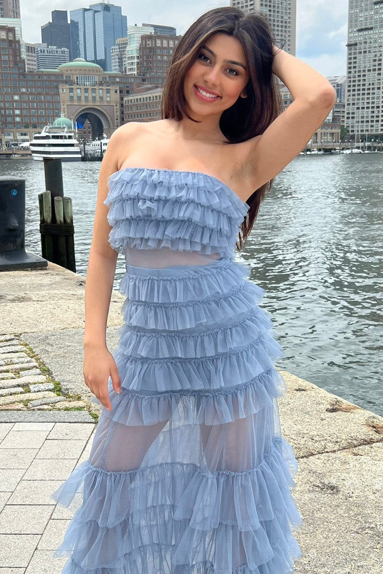 Georgia Ruffled Tulle Tiered Ruffles Maxi Dress (Smoky Blue)