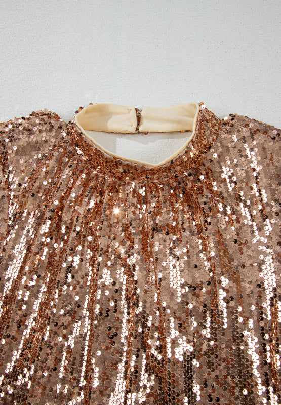 Backless Sequin Mock Neck Long Sleeve Mini Dress (Gold)