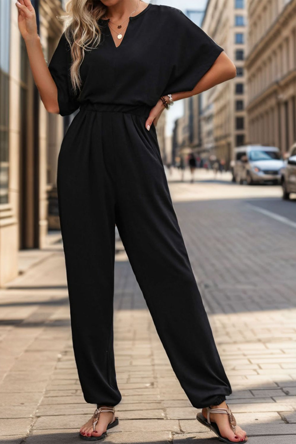 Perfee Polyester Blend Fashion Plus Notched Half Sleeve Keyhole Button Detail Jumpsuit (Black)