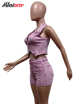 Mlaiscsr Pink Stretch Denim Sexy 2 Piece Club Outfit Women Sets V-Neck Vest Crop Tops and Embroidered Shorts Suit Y2k Streetwear
