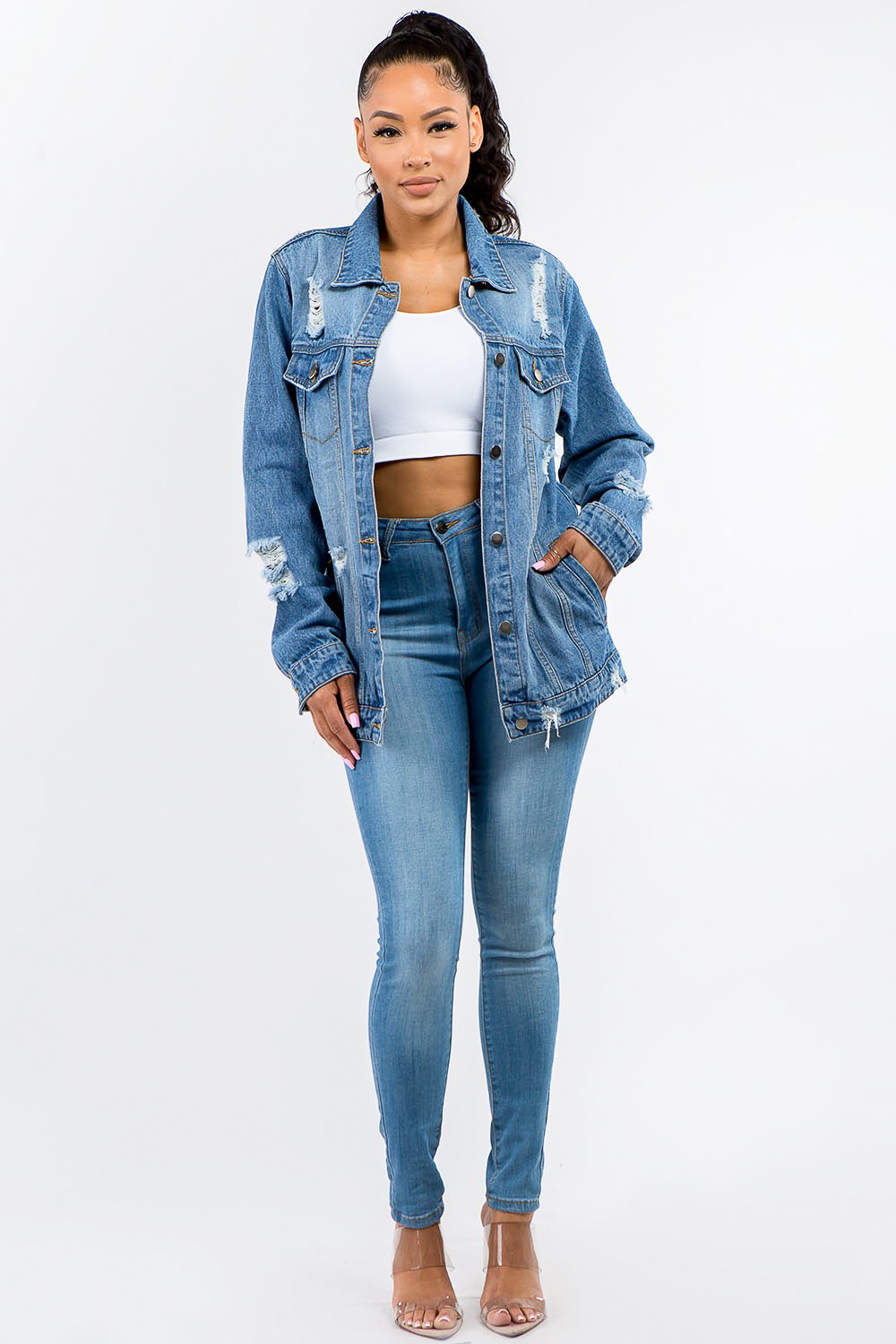 American Bazi Cotton Blend Button-Up Distressed Denim Midi Jacket (Blue)