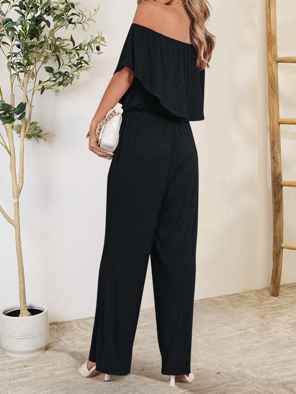 Our Best 100% Polyester Ruffled Off-Shoulder Opaque Palazzo Pant Jumpsuit (Multicolor)