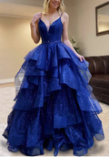Royal blue spaghetti strap glitter tulle prom dress ball gown ruffle wedding dress gown