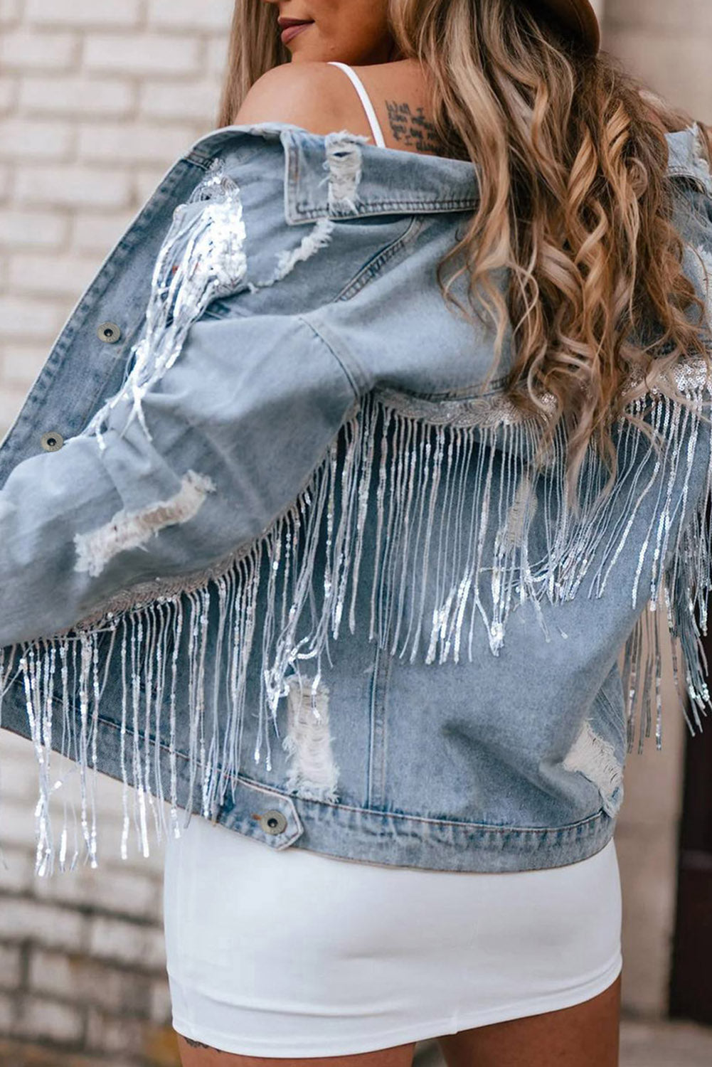 Damsel In Distressed Cotton Blend Sequin Fringe Trim Distressed Button-Up Denim Jacket (Medium Denim)