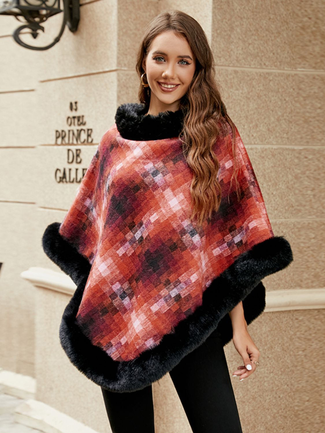 Monah Paloma 100% Polyester Pretty-n-Plush Faux Fur Collar and Trim Plaid Poncho (Multicolor)