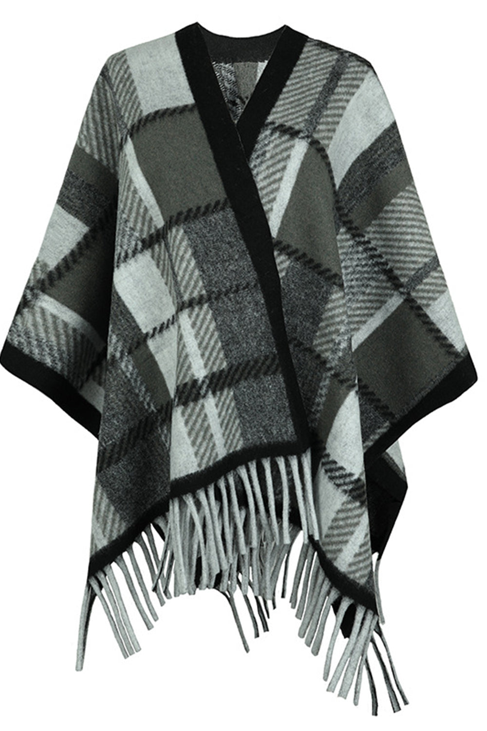 Monah Paloma Acrylic Blend Pretty-n-Plush Cloak Long Sleeve Fringe Detail Plaid Poncho (Multicolor)