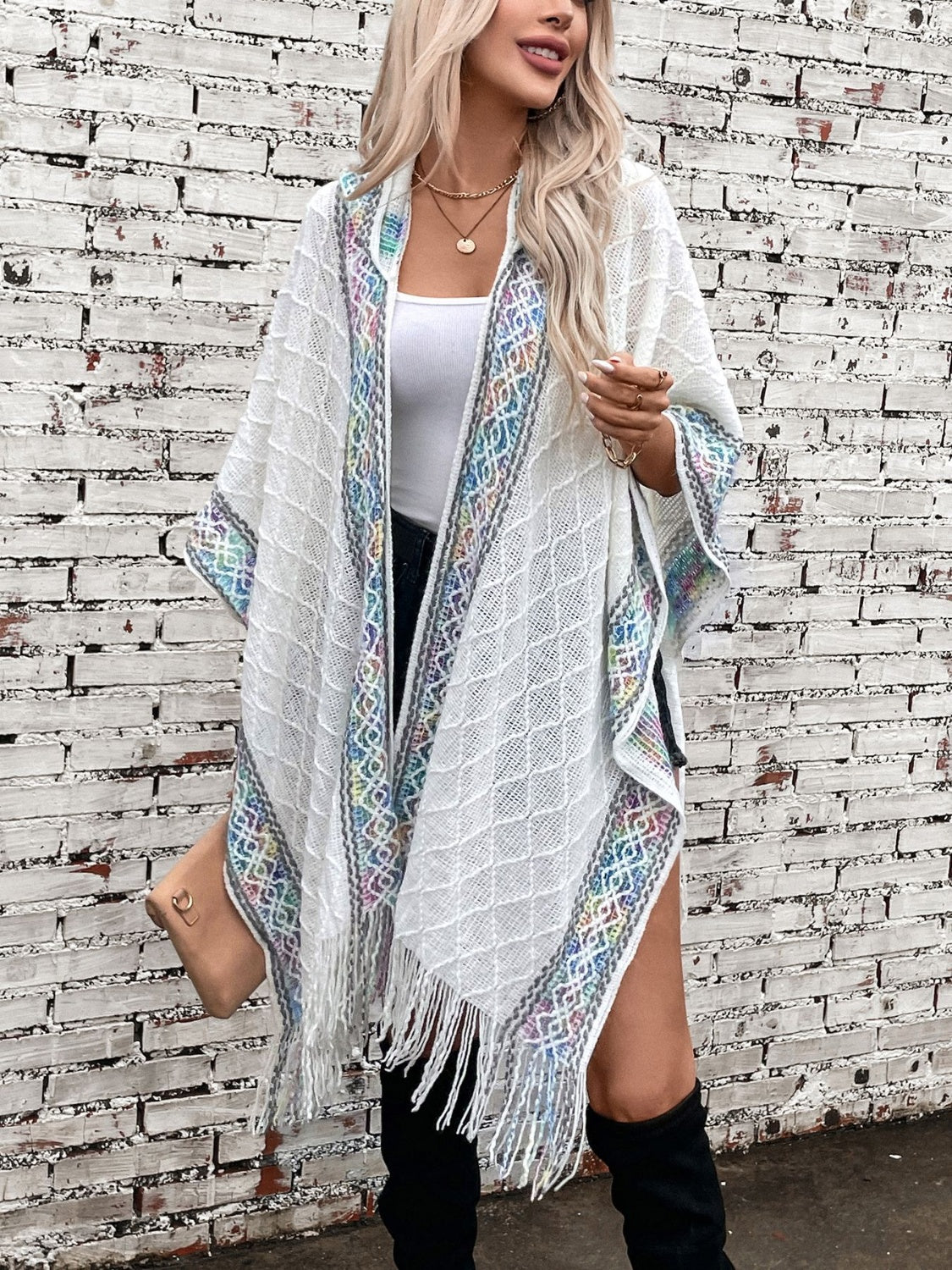 Monah Paloma 100% Acrylic Pretty-n-Plush Fringe Detail Half Sleeve Hooded Poncho (Multicolor)