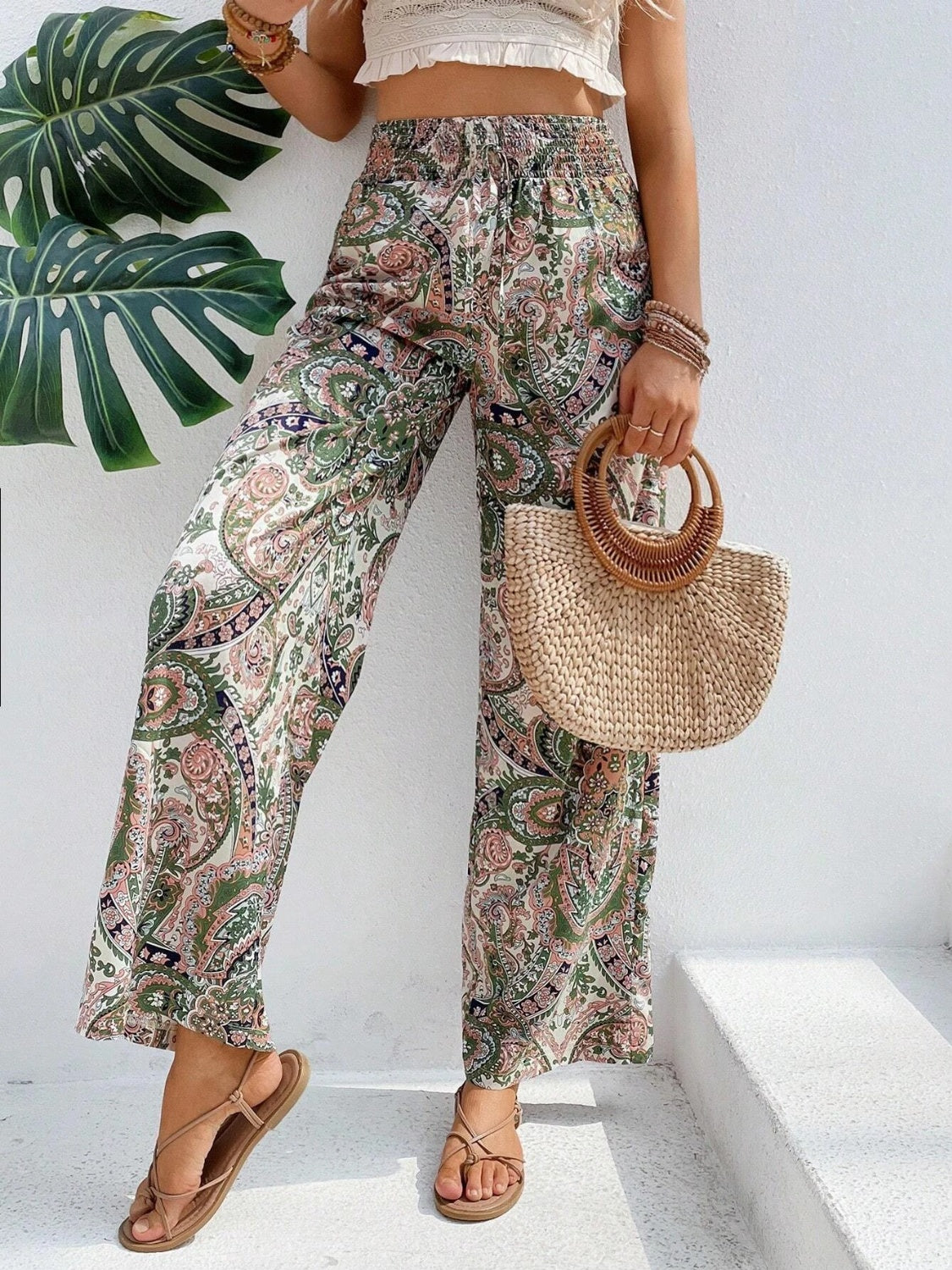 Our Best 100% Polyester Paisley Print Drawstring Waist Wide Leg Palazzo Pants (Multicolor)