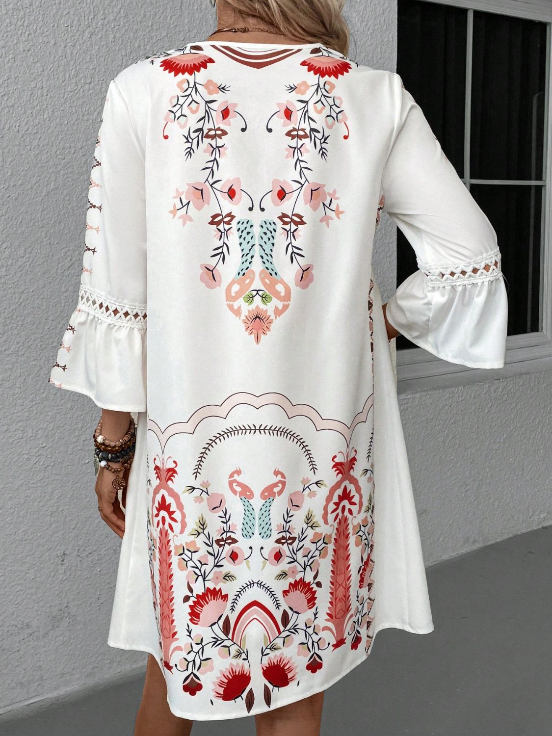 Our Best 100% Polyester Exotic Floral Print Lace Detail V-Collar Three-Quarter Sleeve Dress (Variants)