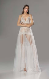 Luxury Sheer Lace Tulle Long Robe with Puff Sleeves | Bridal Boudoir Getting Ready Gown