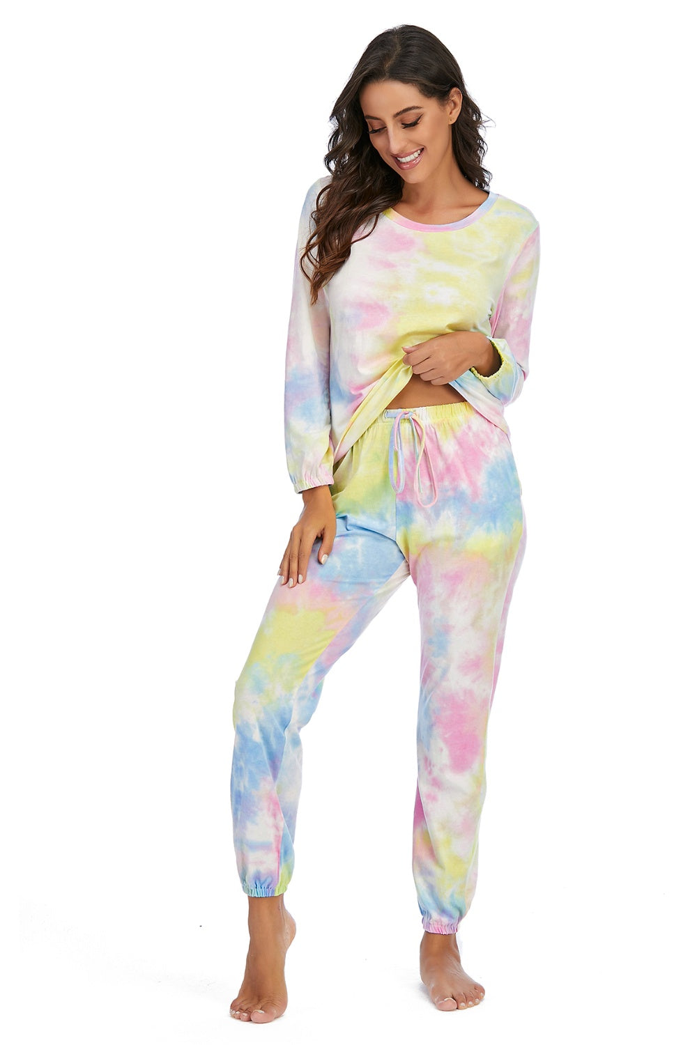 Tyra Tie-dye Rayon/Spandex Blend Drawsting Waist Top and Pants Two Piece Lounge Set (Multicolor)