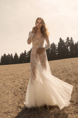 Luxury Long Sleeve Lace Sheer Robe Dress | Bridal Getting Ready & Boudoir Gown