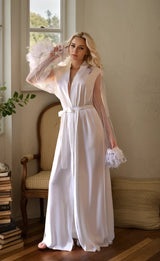 Sexy tulle lace Turkey Feather sleeves silky satin long bridal robe