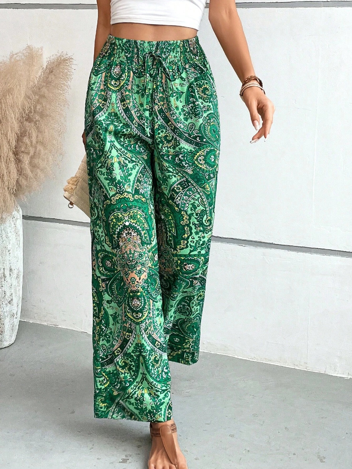 Our Best 100% Polyester Paisley Print Drawstring Waist Wide Leg Palazzo Pants (Multicolor)