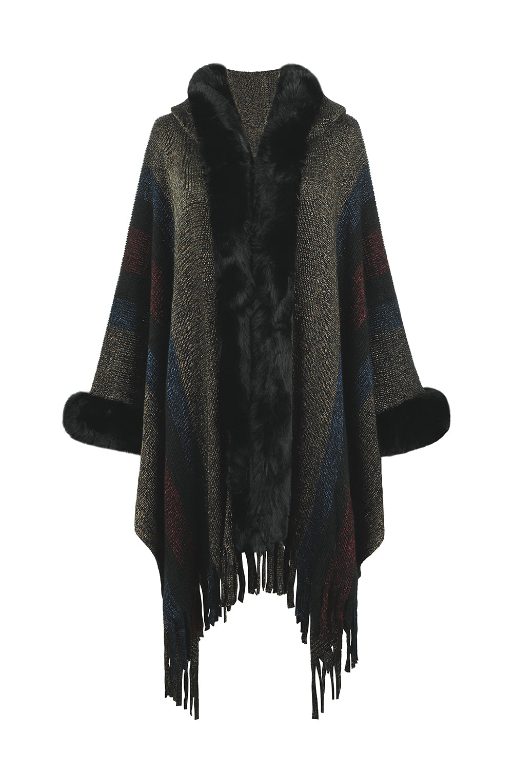 Monah Paloma 100% Polyester Pretty-n-Plush Long Line Fur Fringe Detail Poncho (Multicolor)