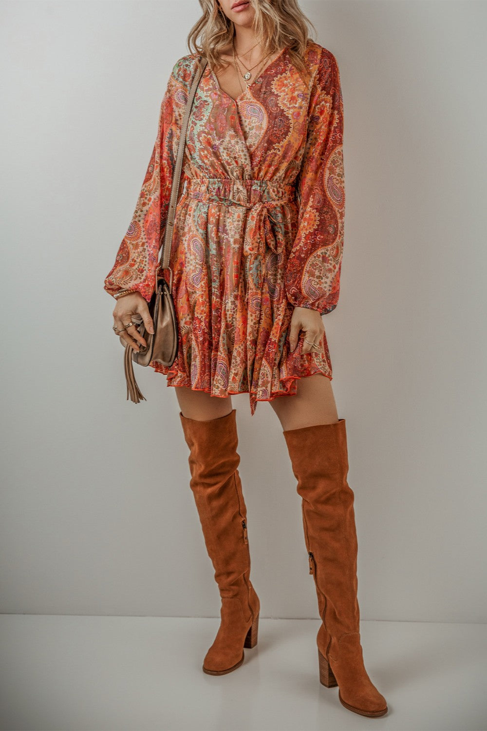 Printed Surplice Long Sleeve Mini Dress