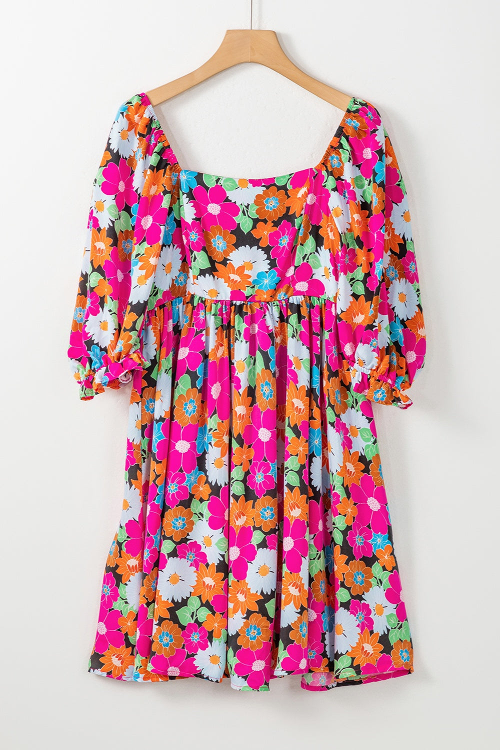 Our Best 100% Polyester Opaque Square Neckline Puff Half Sleeve Mini Dress (Floral)