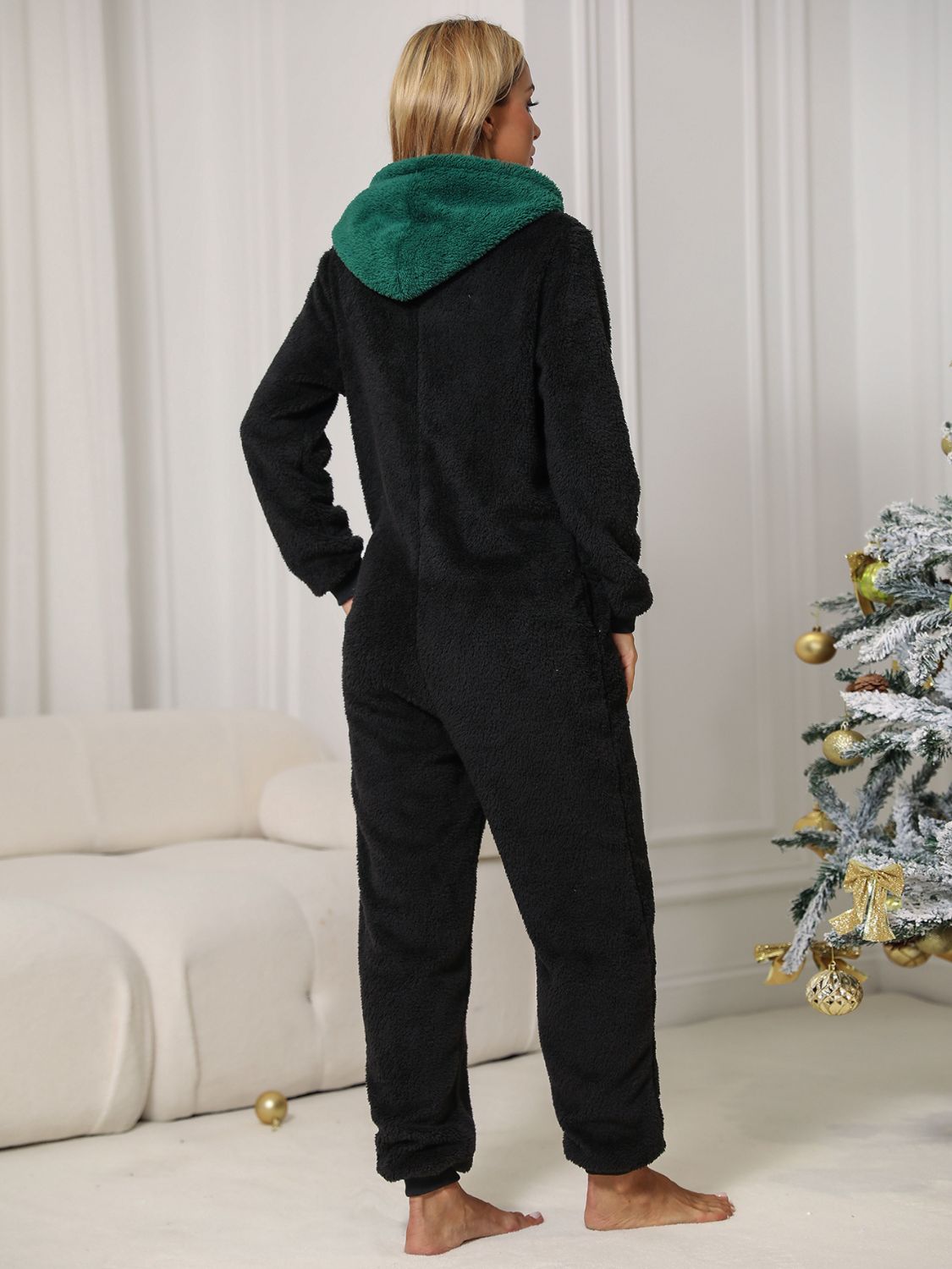 Penelope Pom-Pom Trim 100% Polyester Zip-Up Front Hooded Loungewear Jumpsuit (Black Forest)