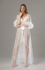 Luxury White Turkey Feather Lace Sheer Robe Dress Set | Bridal Getting Ready Gown