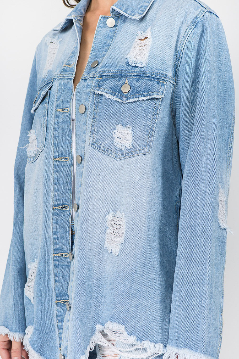 American Bazi 100% Cotton Distressed Frayed Hem Pockets Detail Denim Midi Jacket (Light Blue)