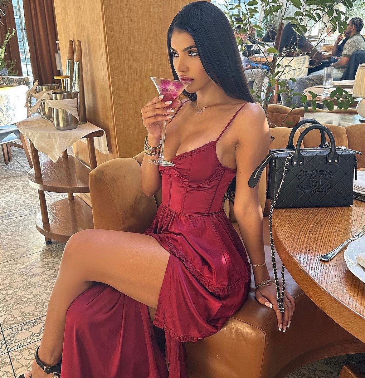 The Maeve Lace-Up Corset Tiered Satin Skirt Midi Dress (Brg)