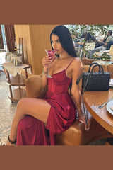 The Maeve Lace-Up Corset Tiered Satin Skirt Midi Dress (Brg) - treasures-4-u-2-day
