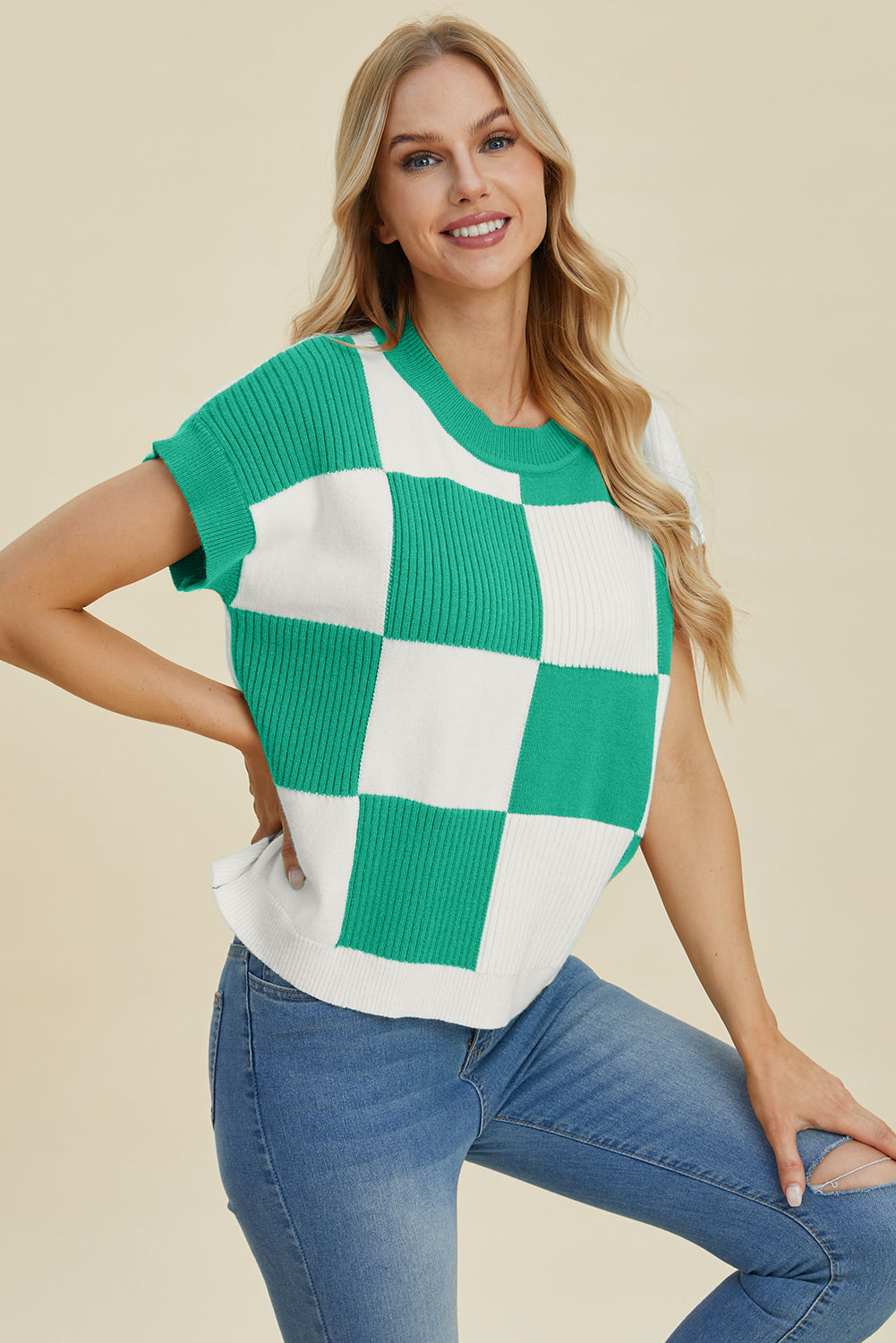 Double Take Full Size Checkered Round Neck Short Sleeve Sweater