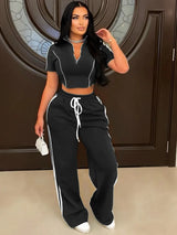 Fashion Casual Short Hoodie 2 Piece Women Summer Zipper Top Short Sleeved Sports T Shirt Stripe Splicing Long Pants Female Suit