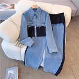 Two Piece Sets Women Pant Set Denim Splice Matching Sets Spring Top Wide Leg Long Pants Casual Loose Lace Up High Waist Jogger - treasures-4-u-2-day