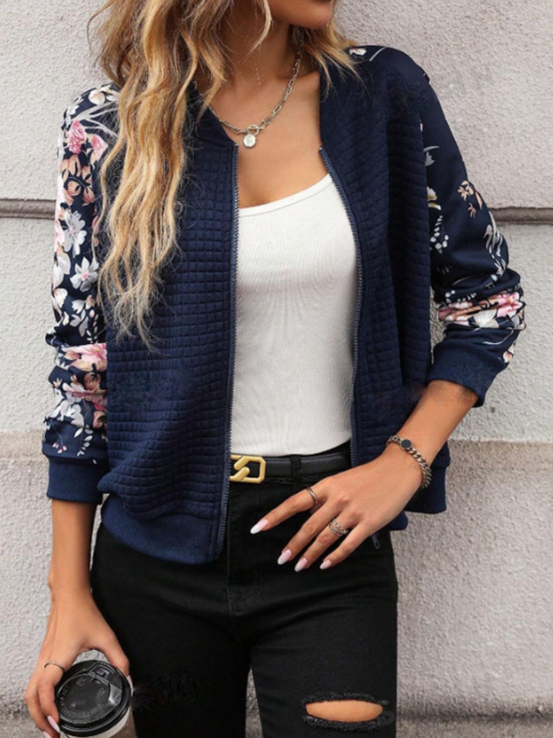 Our Best 100% Polyester Floral Embossed Rib Detail Zip Up Long Sleeve Jacket (Navy)