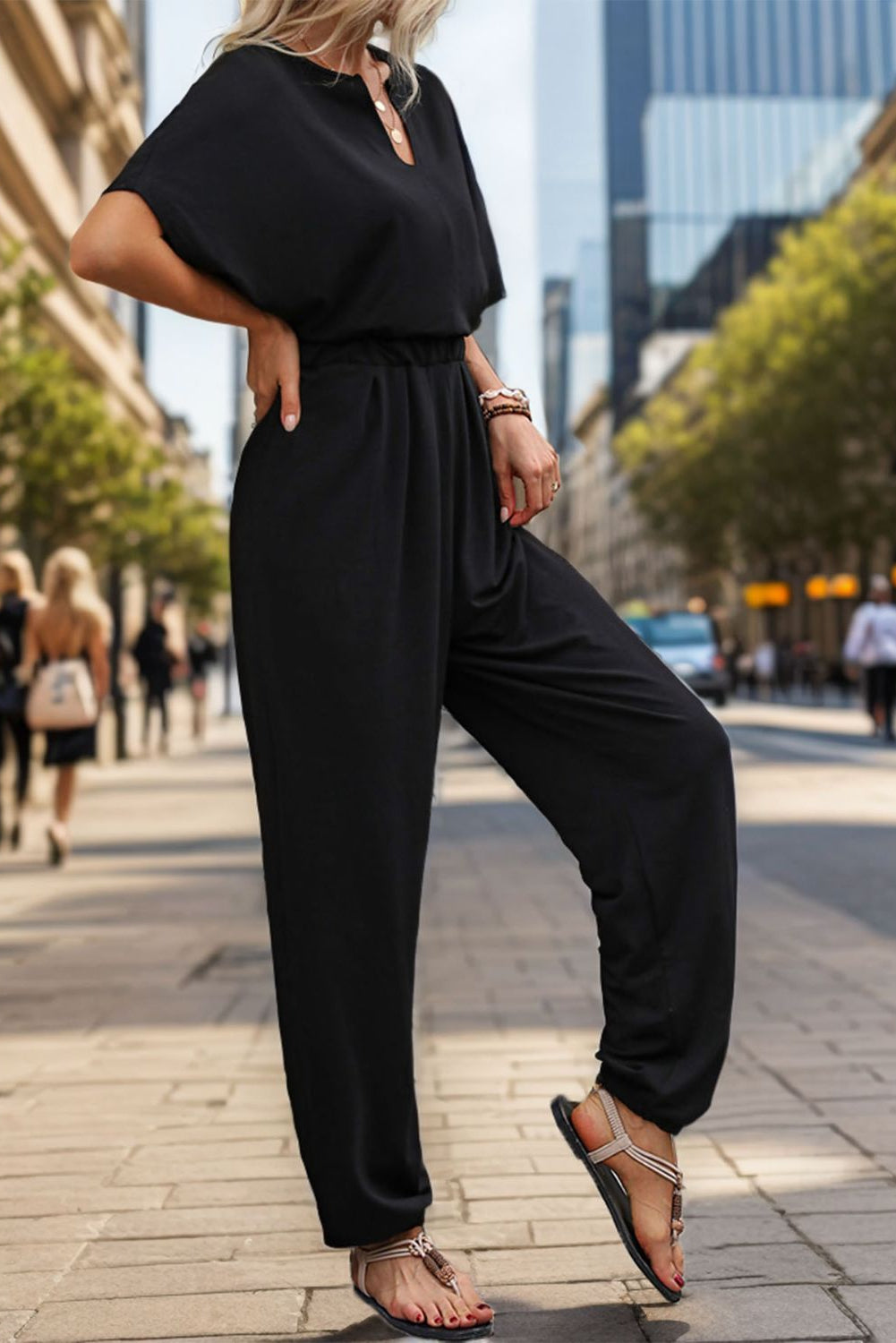 Perfee Polyester Blend Fashion Plus Notched Half Sleeve Keyhole Button Detail Jumpsuit (Black)