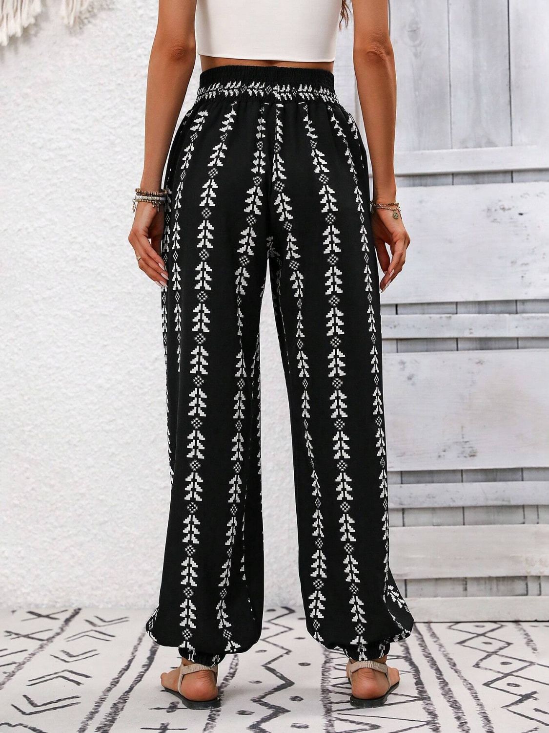 Our Best 100% Polyester Sash Tie Waist Exotic Print High Waist Pants (Multicolor)