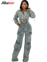 Mlaiscsr Vintage Stretch Denim 2 Piece Pants Sets Women Zip Slim Jackets and Pocket Cargo Jeans Outfit Streetwear Winter Suits - treasures-4-u-2-day