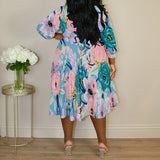 Plus Size Women's Abstract Watercolor Floral Print V-Neck Wrap Midi Dress 3/4 Sleeve Elegant Look