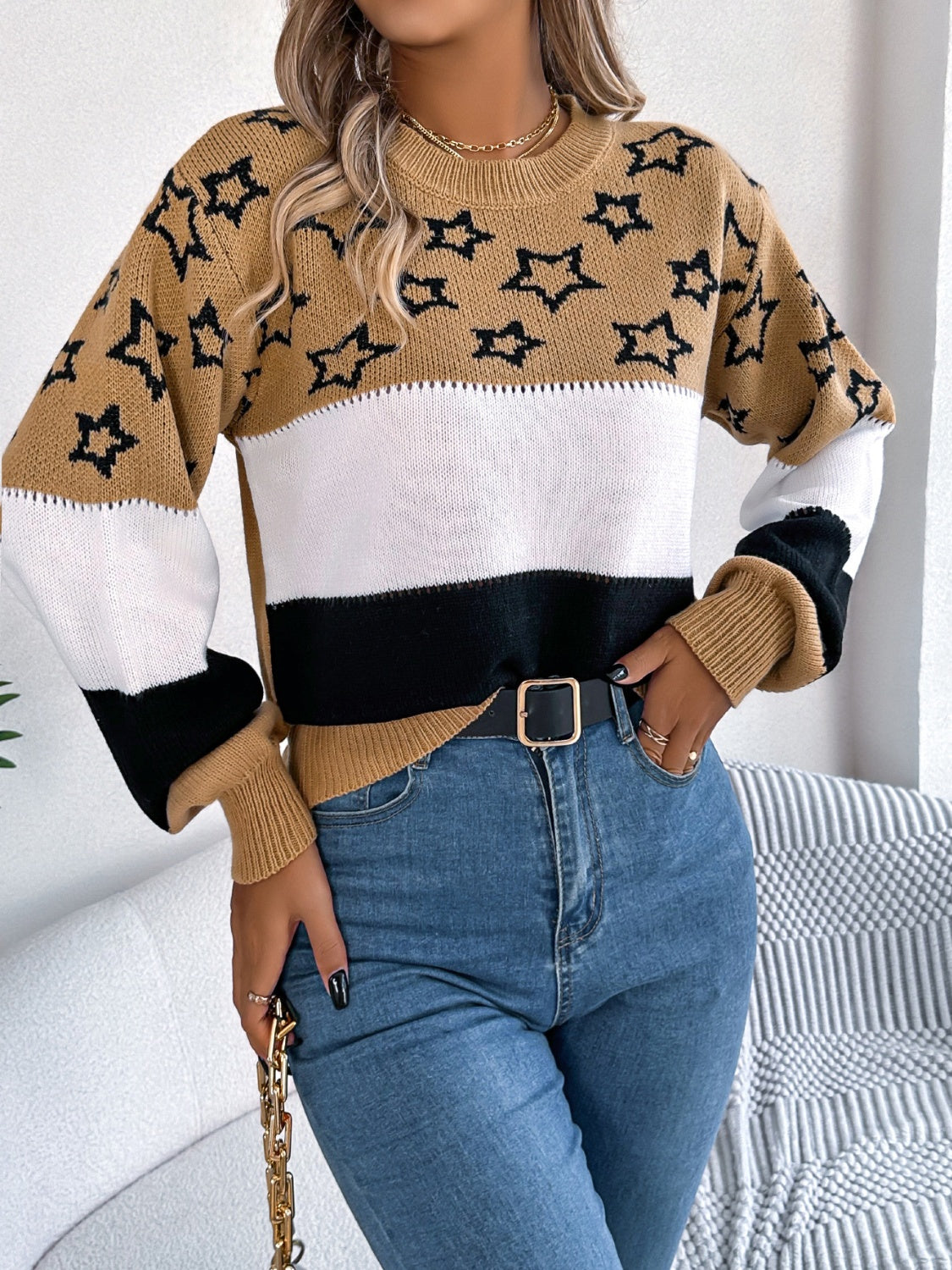 SuperStar 100% Acrylic Round Neck Colorblock Dropped Shoulder Long Sleeve Sweater (Multicolor)