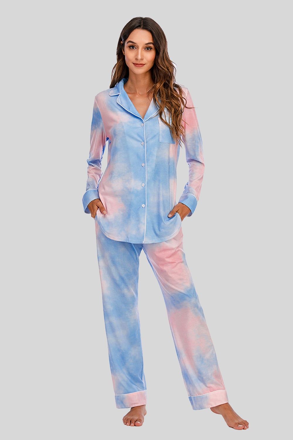 Simona Slumbertime Nylon Blend Long Sleeve Pocket and Piping Detail Loungewear Set (Multicolor)