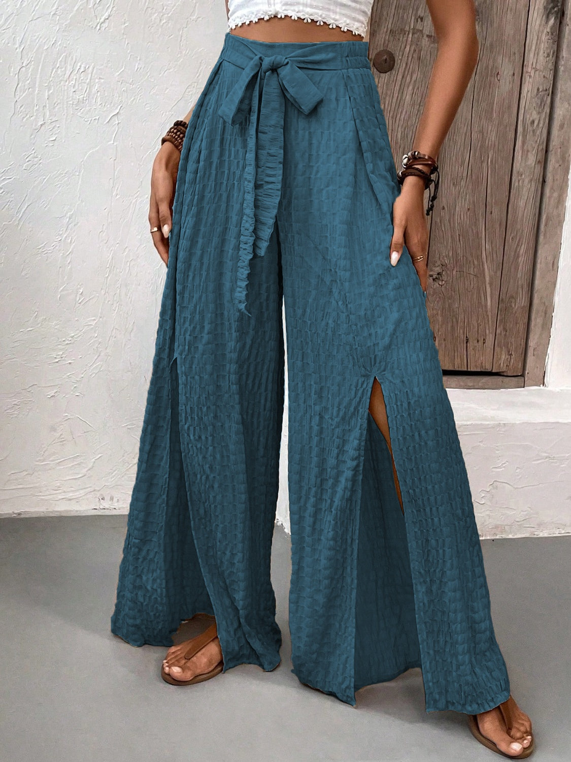 Our Best Polyester Blend Crinkle Fabric Sash Tie Slit Detail Wide Flare Palazzo Pants (Multicolor)