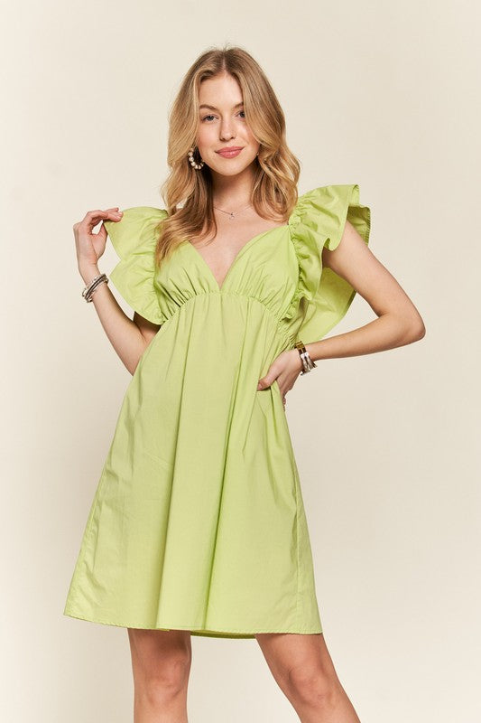 ADORA - 100% Cotton Smocked Back Ruffled Cap Sleeve Babydoll Mini Dress (Lime)